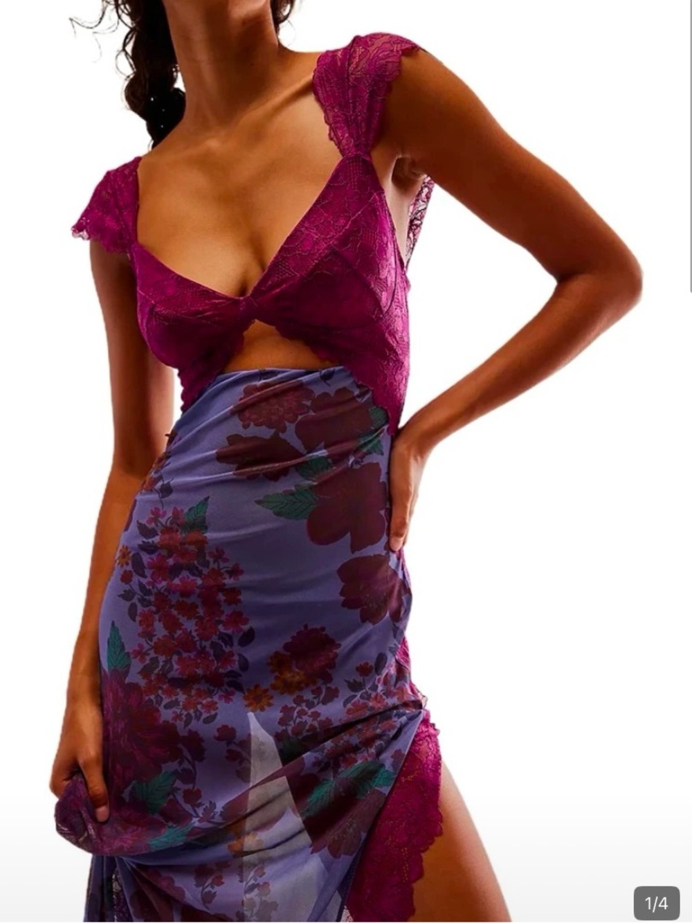 Lace-Trim Floral Slip Dress in Magenta and Purple